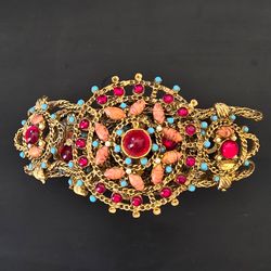 Gold Tone Rope Filigree Chain Belt Faux Pearl Turquoise Coral Red Bead Cabochon