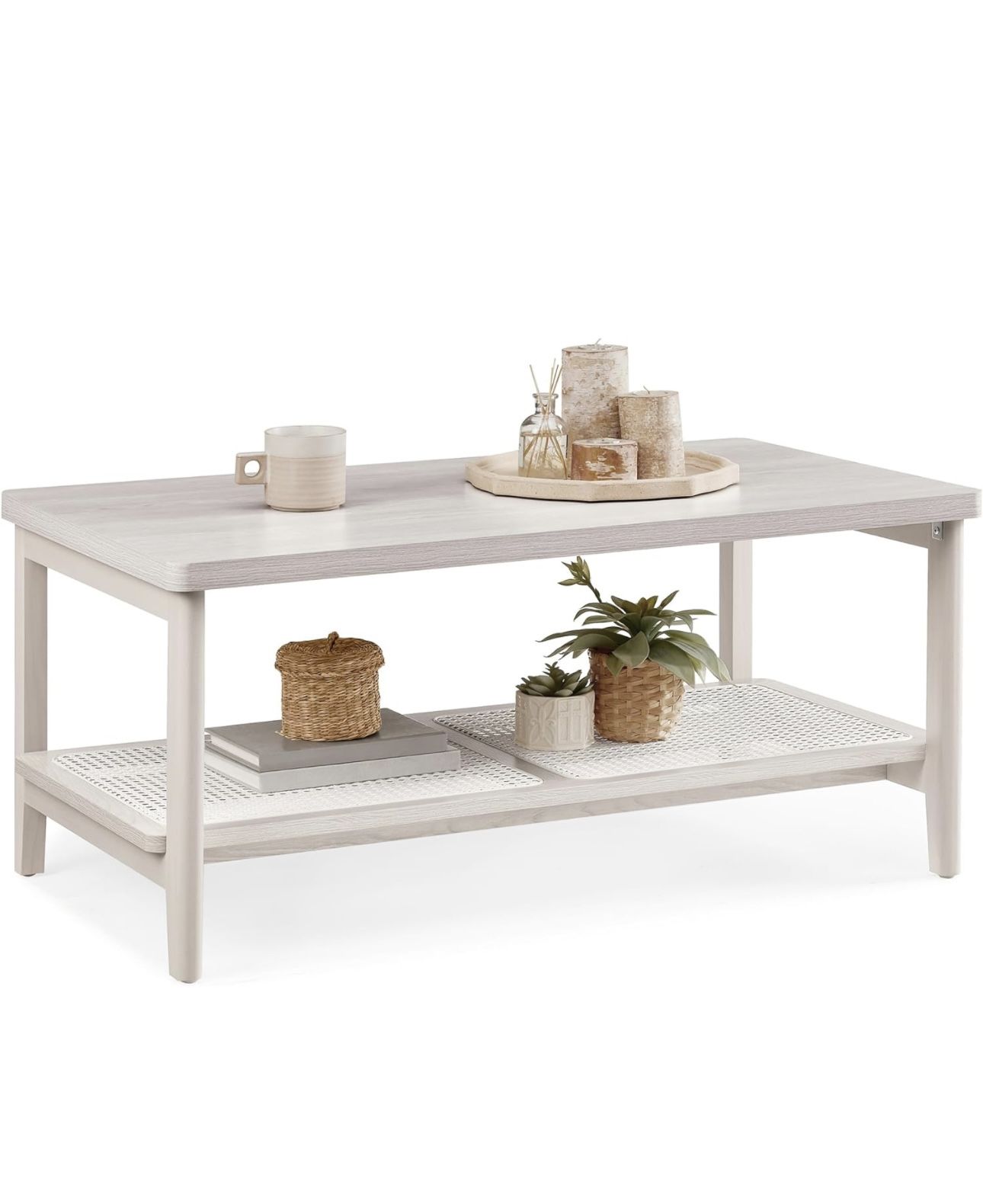 2-Tier Coffee Table for Living Room, Living Room Table Rectangular Center Table, PVC Rattan Storage Shelf, Rounded Corners, Boho Style, Oatmeal Beige