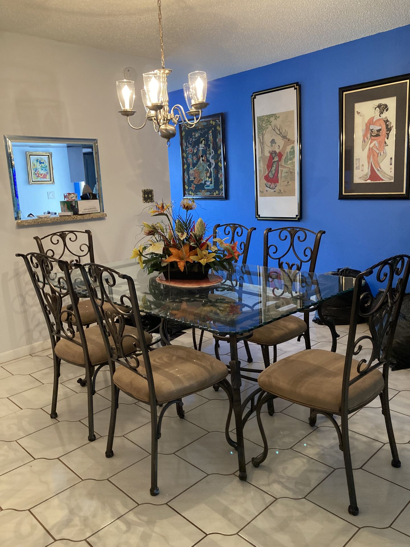 Glass And Wrought Iron Dining Table & 6 Chairs