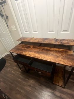 Rustic Industrial Computer Desk w/ Monitor Shelf & Power Outlets – Excellent Condition