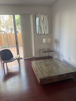 Rustic Coffee Table Kit + Side Table, Mirror, Shell Chair & Lamp