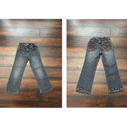 Little Girls Clothes Dark Wash Denim Jeans With Cute Embroidered Heart Patches At The Back Pockets Size 6T/6X