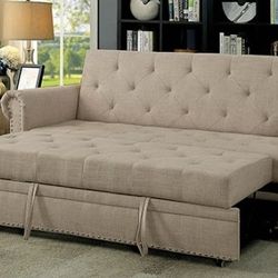 Brand New Beige Transitional Sofa w Pull Out Bed