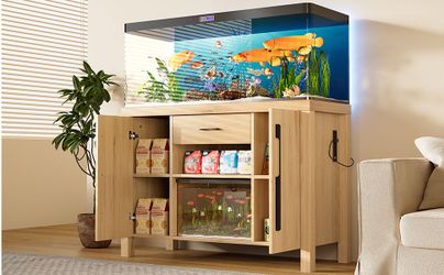 55-75 Gallon Fish Tank Stand with Power Outlets, Heavy Duty Aquarium Stand with 2 Cabinets and Storage Drawer for Fish Tank, Thickened Tabletop and St