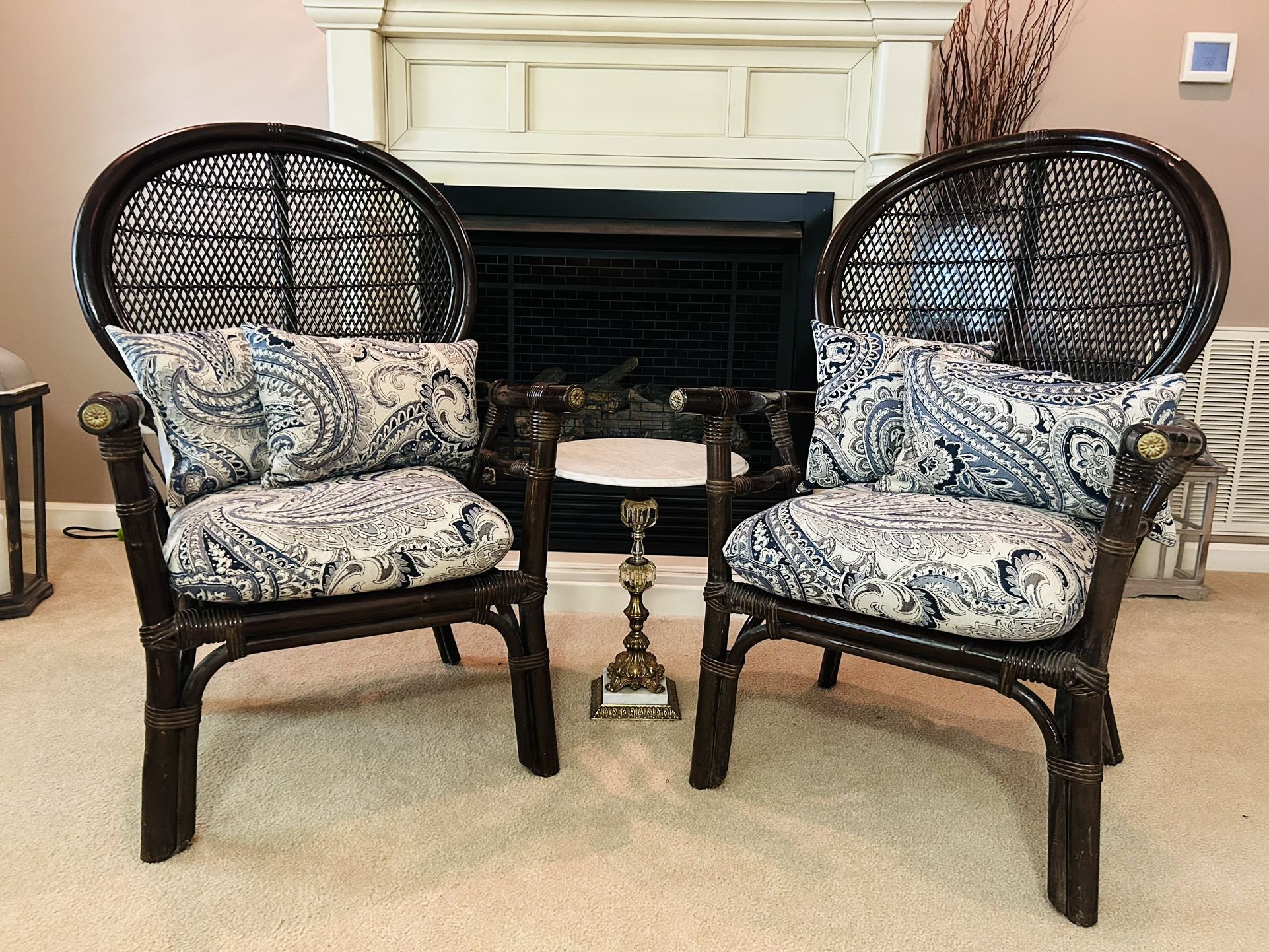 A Pair of Midcentury Bamboo and Rattan Armchairs with Custom Made Cushions and Pillows