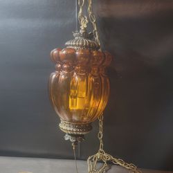 Vintage Mid Century Modern Amber Glass Swag Lamp Pendant - Retro Elegance with a Warm Glow
