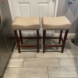 25 in. Beige Backless Wood Bar Stool Counter Height Saddle Kitchen Chairs with Wooden Legs Set of 2