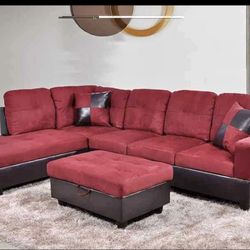 Red Microfiber Sectional Couch And Ottoman