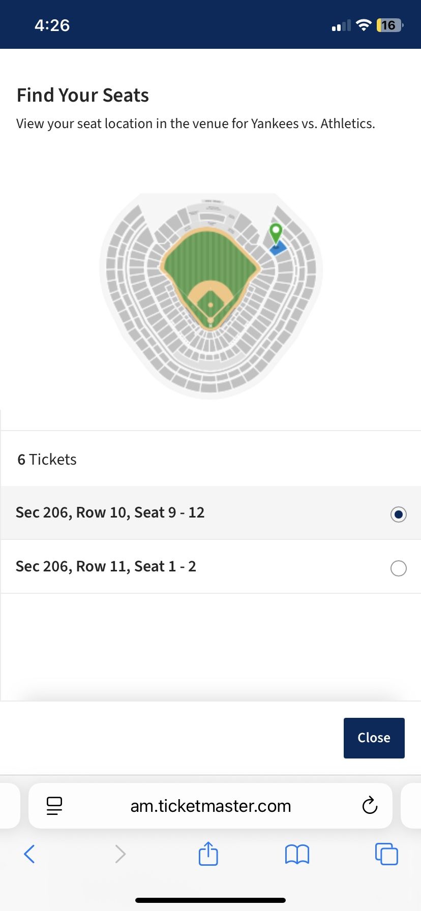 YANKEE TICKETS TOMORROW AT 1:05pm Vs ATHLETICS (6tickets)