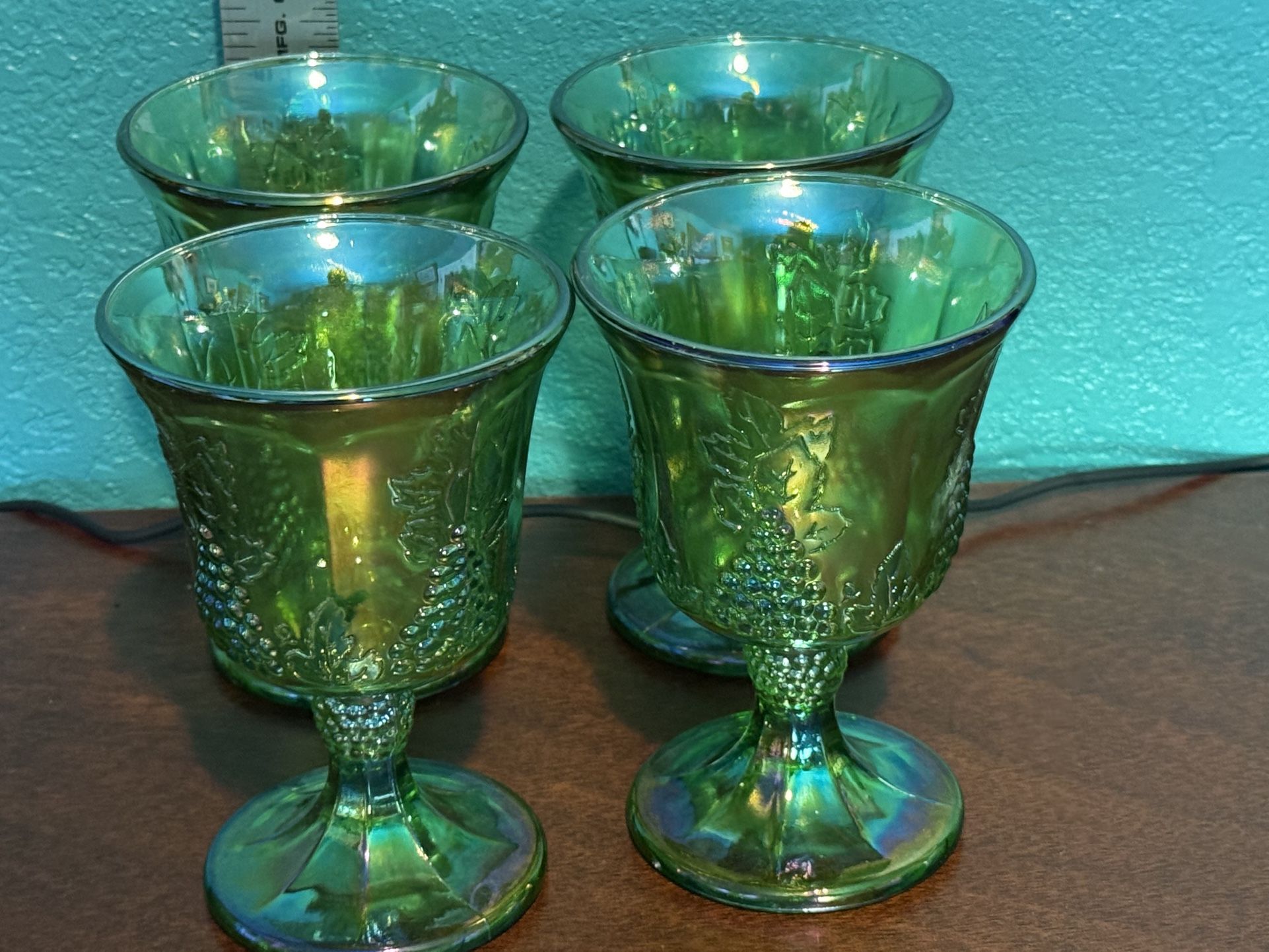 1970s 4 Indiana Carnival Glass Lime Green Harvest Grape Wine Goblets Glasses