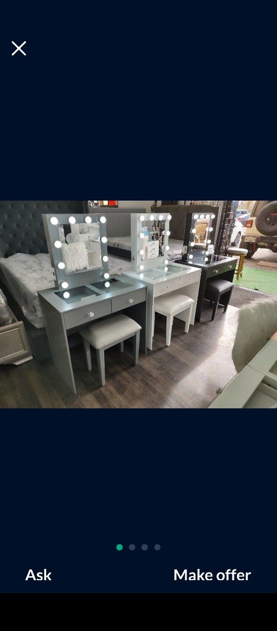 Brand New Vanity Small Size Hollywood Mirror LED Light 3 Adjustable Brightness Stool Included USB Power Outlet $359 + Tax FREE LOCAL DELIVERY & SET
