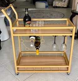 2-Tier Gold Serving Table Bar Cart with Wood Shelves