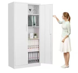 Metal Garage Cabinet 35.4 in. W x 72 in. H x 18 in. D 24-Gauge Steel Metal Storage Cabinet 4 Shelves and 2 Door in White