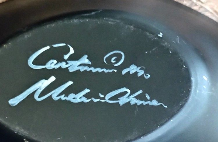 Centrum Company Hand Painted Metal Serving Bowl 1992 Black 12"x8" Oval