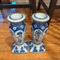 Blue And White Chinoiserie Candle Holders 