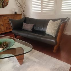 Pacific Green Leather and Palmwood Sofa