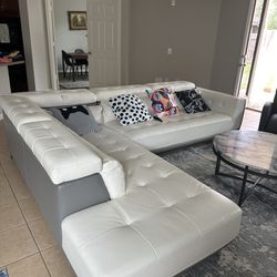 All SET just 500$ !!!  White Leather Sectional Sofa, Gray Armchair And White-gray Coffee Table !!!
