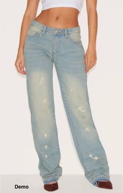 PrettyLittleThing Faded Vintage Wash Splattered Effect Straight Leg Jeans (UK14; Waist 32.6”)