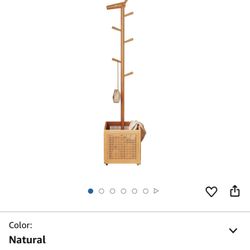 Wood Coat Rack,Coat Rack Freestanding with 5 Hooks,Coat Tree with Storage Basket for Bedroom, Entryway, Livingroom （Natural）