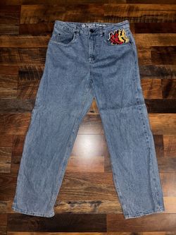 Ninth Hall Ambush blue jeans with embroidered dragons on back pockets, size 32