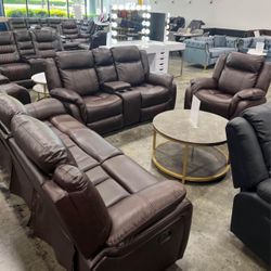 Recliner Leather 3Pcs Sofa Set / Juego de sofás reclinables de cuero de 3 piezas