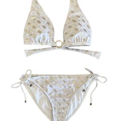 Guess Los Angeles White And Gold Logo Bikini Set Top M Bottoms L Side Ties Gold