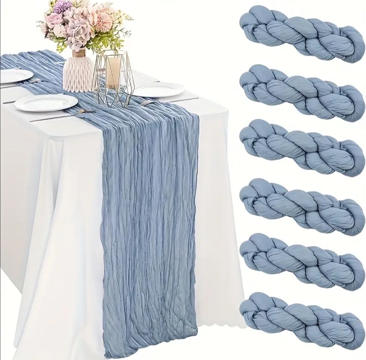 6 Pieces, 71 Inches Length Each, Misty Blue Haze Blue Cheesecloth Table Runners