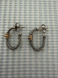 David Yurman Sterling Silver 14K Gold Cable Hoop Earrings w/ Diamonds