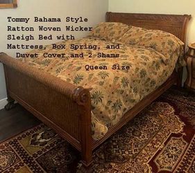Amazing Tommy Bahama Style Rattan Woven Wicker Sleigh Bed and Matching Mirror - Don’t miss out.