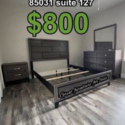 4 PCs Queen Or Full Size Bedroom Set Grey Include Bed Frame Dresser Mirror And 1 Nightstand Brand New