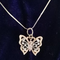 14k Tri-color Gold Butterfly Pendant On 14k 15" Chain