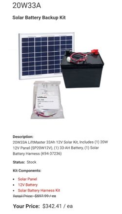Solar Battery Backup Kit 20W33A Liftmaster Gate