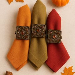 Metal Napkin Rings Antique Brass Brown Square Beaded Amber Jewels Holders  8 Pcs