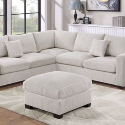New Corduroy White Or Gray Sectional And Ottoman Sofa Couch 