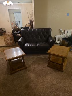 MOVING NEED GONE ASAP Leather couch , Solid wood end tables / side tables with drawers