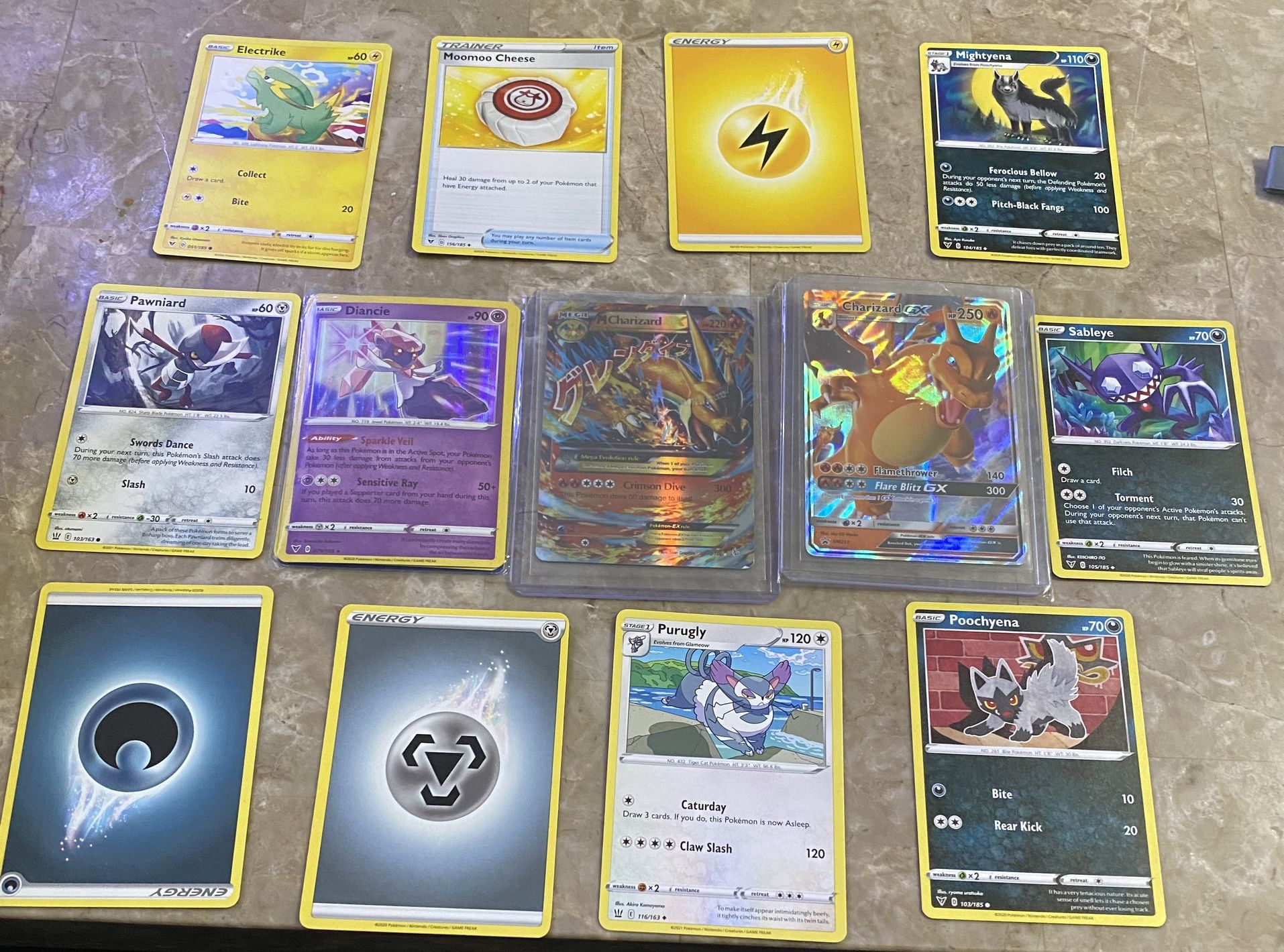 M Charizard, Charizard GX,diancie Holo,mighyena,poochyena Pokemon