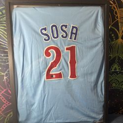 *FRAMED* Slammin Sammy Sosa Signed Jersey - BECKETT Authentic COA - Chicago Cubs HOF HR King Baseball - Powder Blue Full Size MLB Jersey!