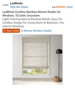 Cordless Bamboo Roman Shades for Windows, 33.5x64, Greystone