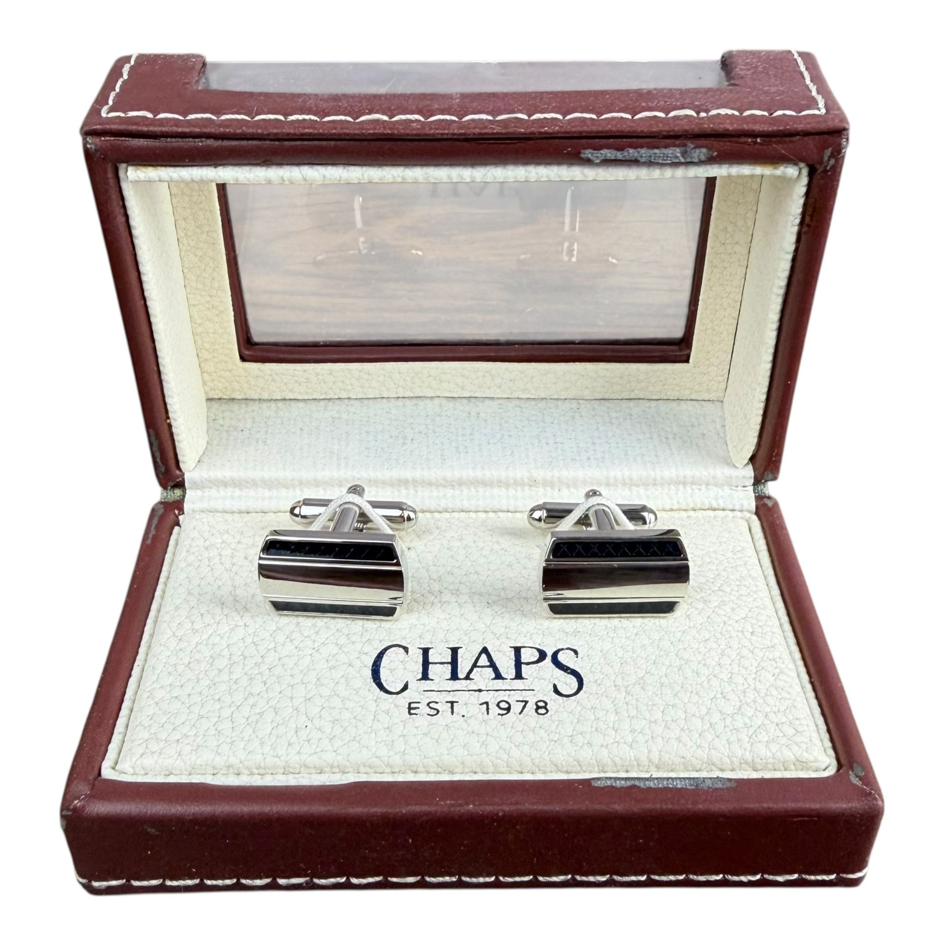 Chaps Silver-Tone Cufflinks with Black Inlaid Stripes Designer - $32 Retail MSRP
