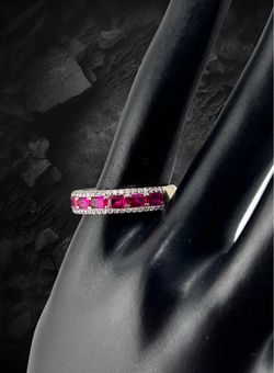 14K White Gold Horizontal Baguette Ruby and Lab-Grown Diamond Triple Row Halo Band Ring
