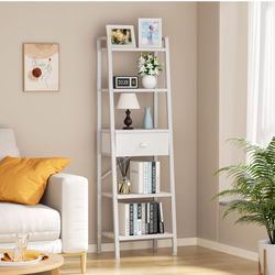 5 Tier Bookshelf, Ladder Shelf with Drawer, Tall Bookcase Corner Shelf, Narrow Shelf Industrial Display Standing Units for Home Office, Living Room, B