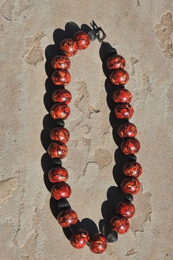 925 Sterling Silver Red Stone Bead Necklace 22"