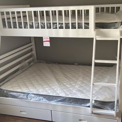Brand New Solid Wood Bunk Bed, Mattresses And Drawers, Special Cash Price! 