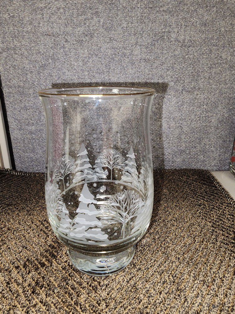 Vintage Libbey Arby's Christmas White Frosted Pine Tree Tumbler Gold Rim