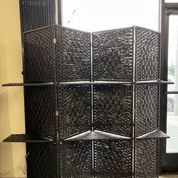 4 Panels Brown Room Divider Wall with Removable Storage Shelves ( 18"L x 1"W x 71"H each panel )  