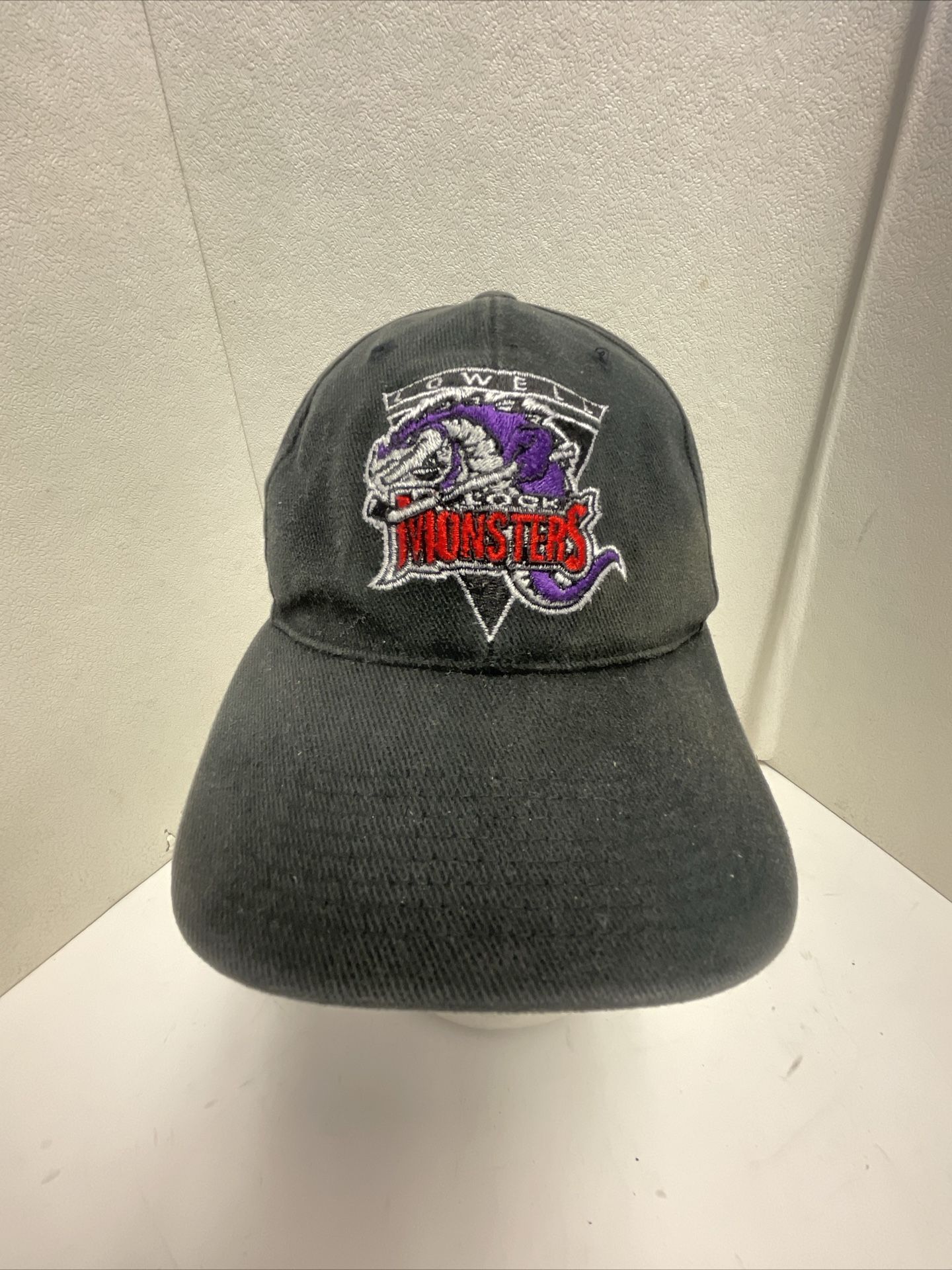 Vintage LOWELL LOCK MONSTERS STRAPBack Hat Cap MINOR LEAGUE HOCKEY - BLACK -RARE