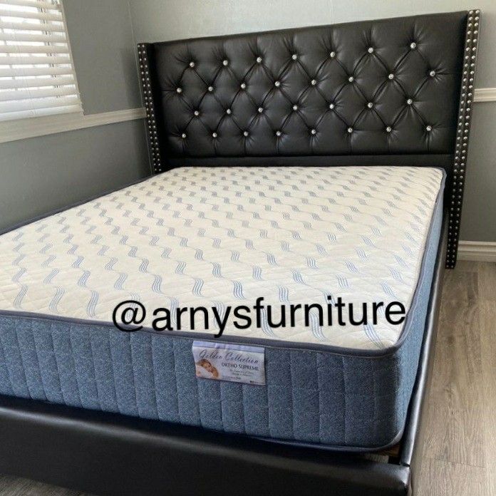 QUEEN EXPRESSO TUFTED BED W. ORTHOPEDIC MATTRESS INCLUDED 