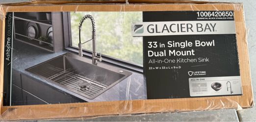Glacier Bay 33 in. Drop-In Single Bowl 18 Gauge Gunmetal Black Stainless Steel Kitchen Sink with Black Spring Neck Faucet