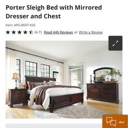 Cal King Bed Frame with Mirrored Dresser and Chest