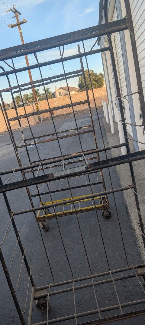 2 Antique Heavy Iron Racks W Casters Probably 1960s